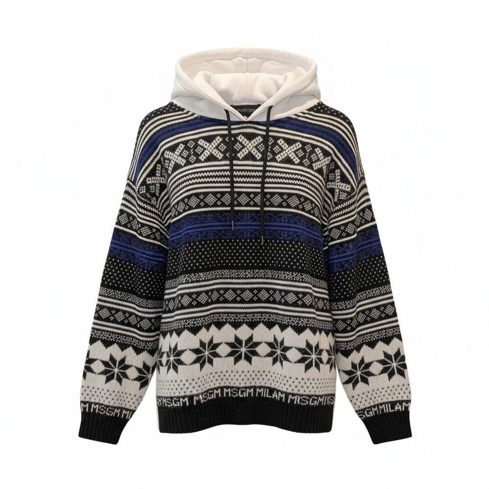 MSGM Milano 2018 Fair Isle Knit Mixed Media Sweater Hoodie XL Wool Streetwear